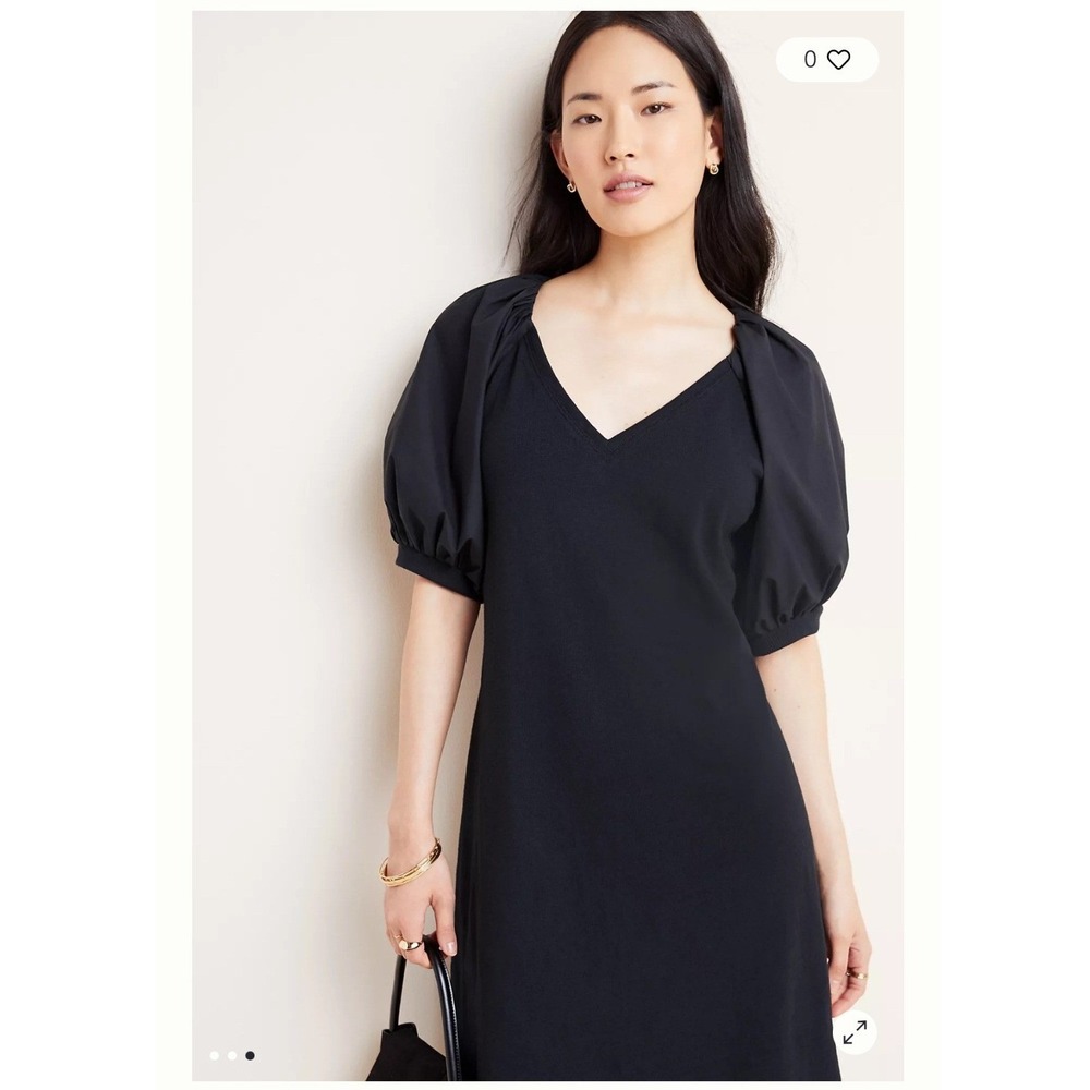 Maeve Anthropologie Annika Black Cotton Puff Sleeve V-Neck Mini Dress Small